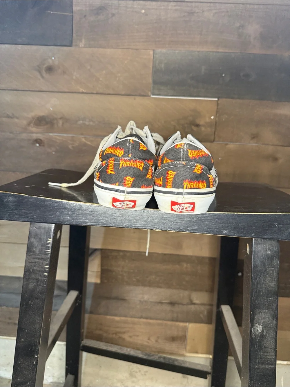 Vans Black Canvas Low-Top Sneakers with Orange Flame Pattern THRASHER